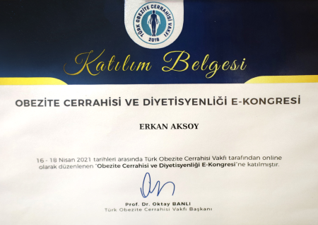 Obezite Cerrahisi ve Diyetisyenliği E-Kongresi Katılım Belgesi